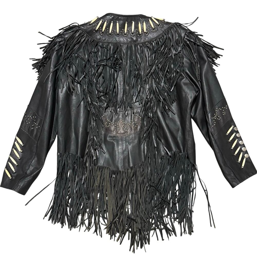 Pro Rider Leather Jacket Fringes Bone Beads Western Native American XL Vintage - Picture 7 of 9